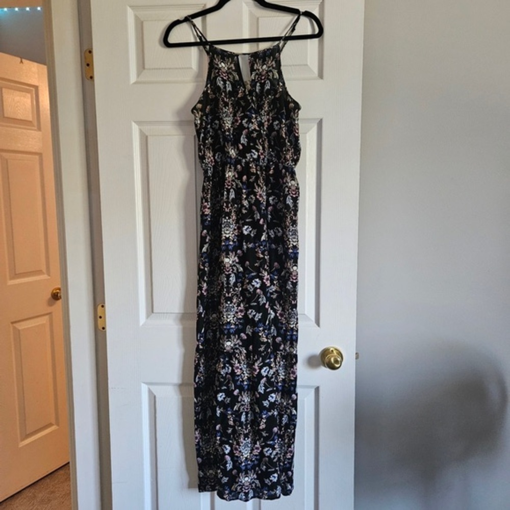 Pink Rose Black Floral Maxi Dress with Spaghetti Straps